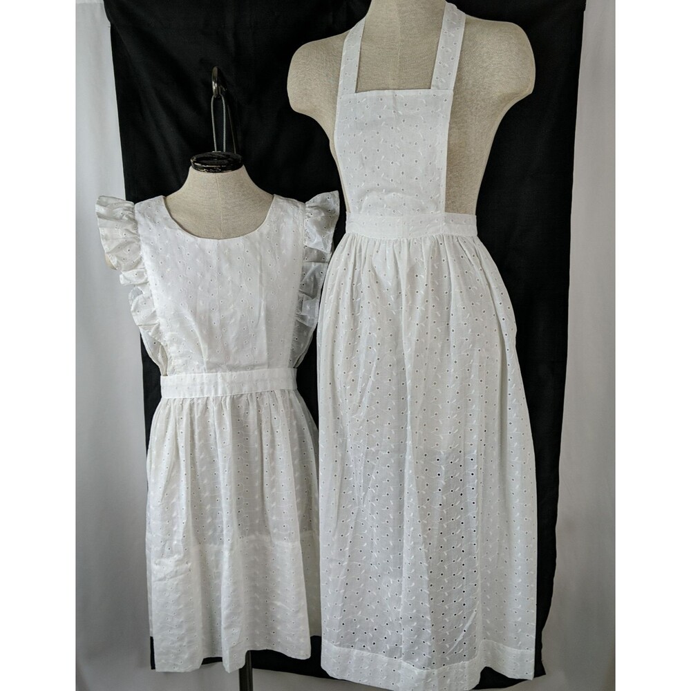 2 Vintage Handmade White Eyelet Pinafore Apron Cottage Core Little House Prairie